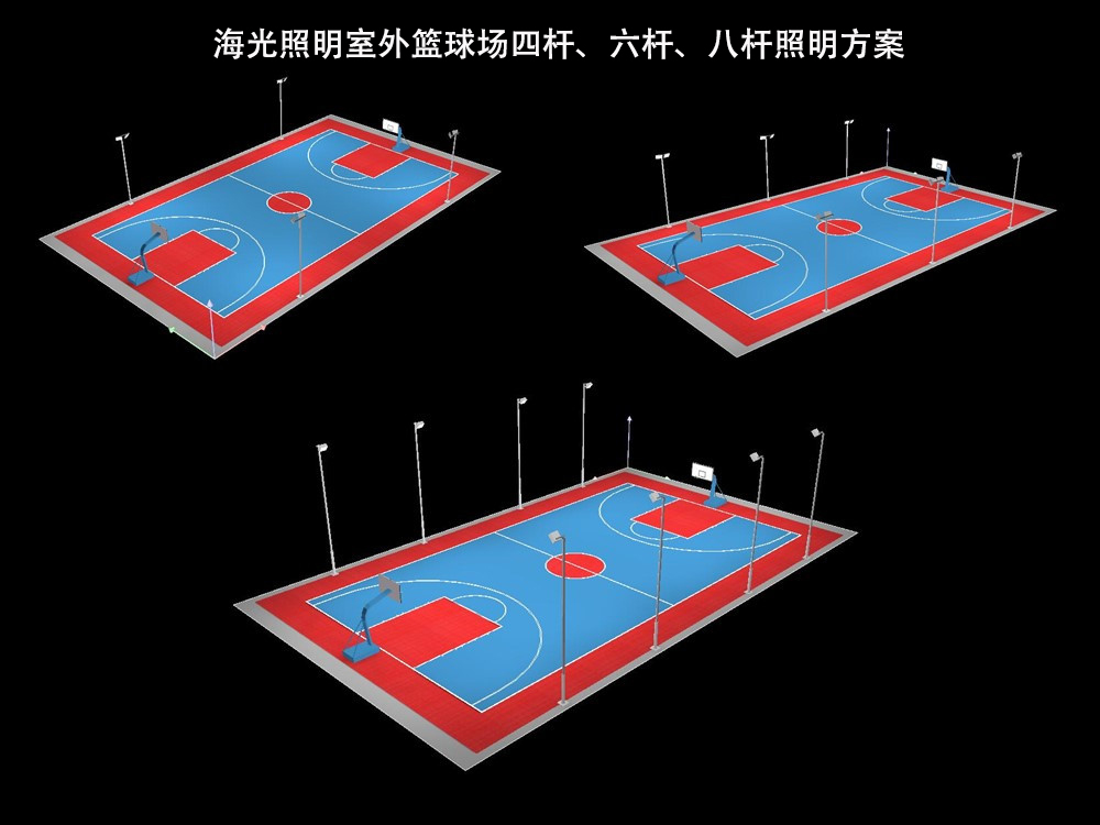 室外标准篮球场灯光布置方式：四杆、六杆、八杆