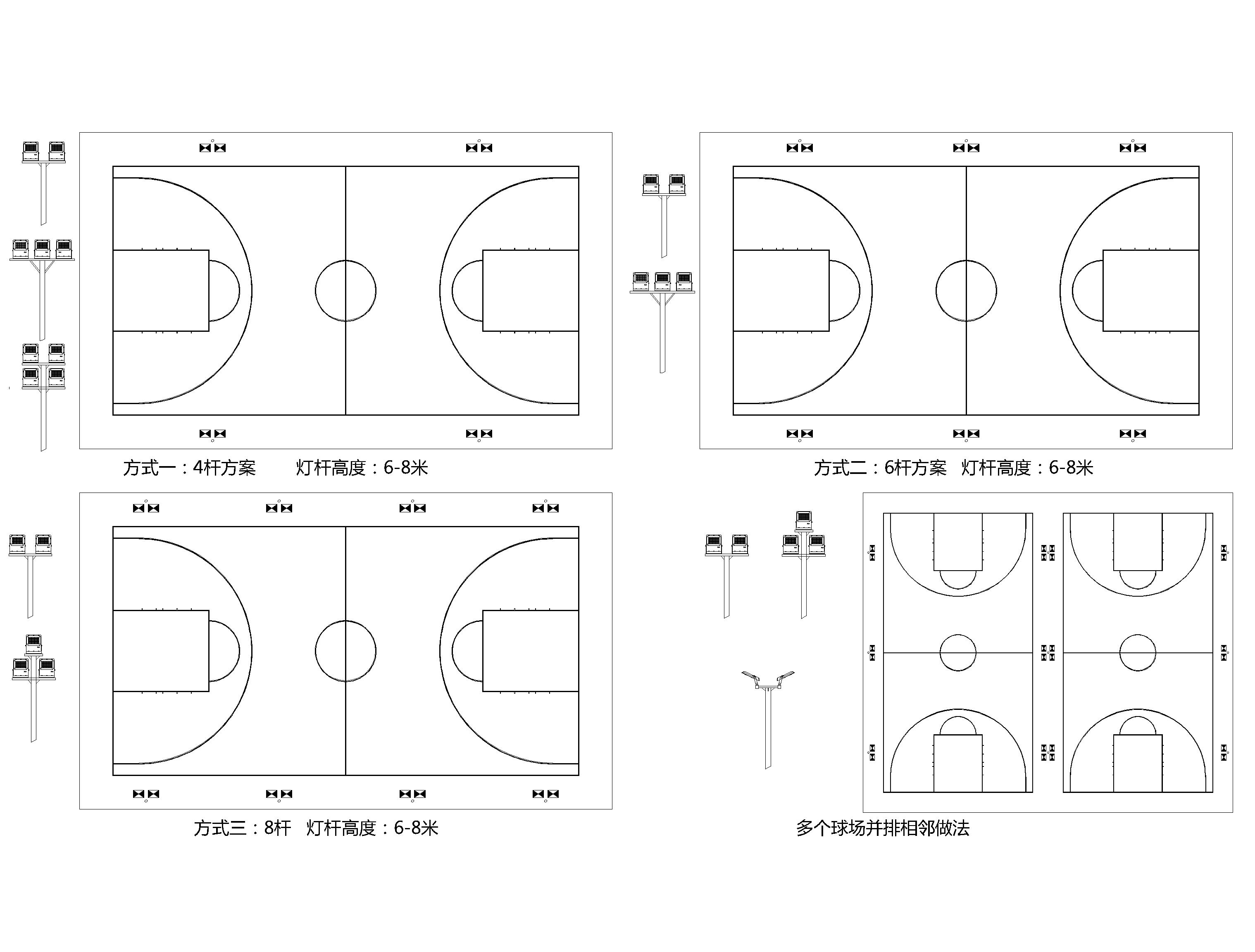 室外标准篮球场灯光布置方式：四杆、六杆、八杆
